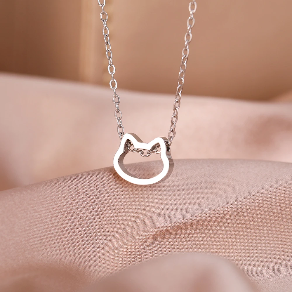 Stainless Steel Necklaces Cute Cartoon Kitten Cat Pendants Girl Chain Kpop Choker Fashion Necklace For Women Jewelry Fine Gifts