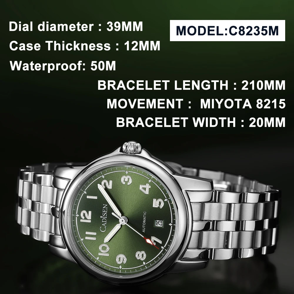 CADISEN 39MM Men Automatic Mechanical Watches 2024 New MIYOTA 8215 Sapphire Stainless Steel Clock Waterproof Watch Men