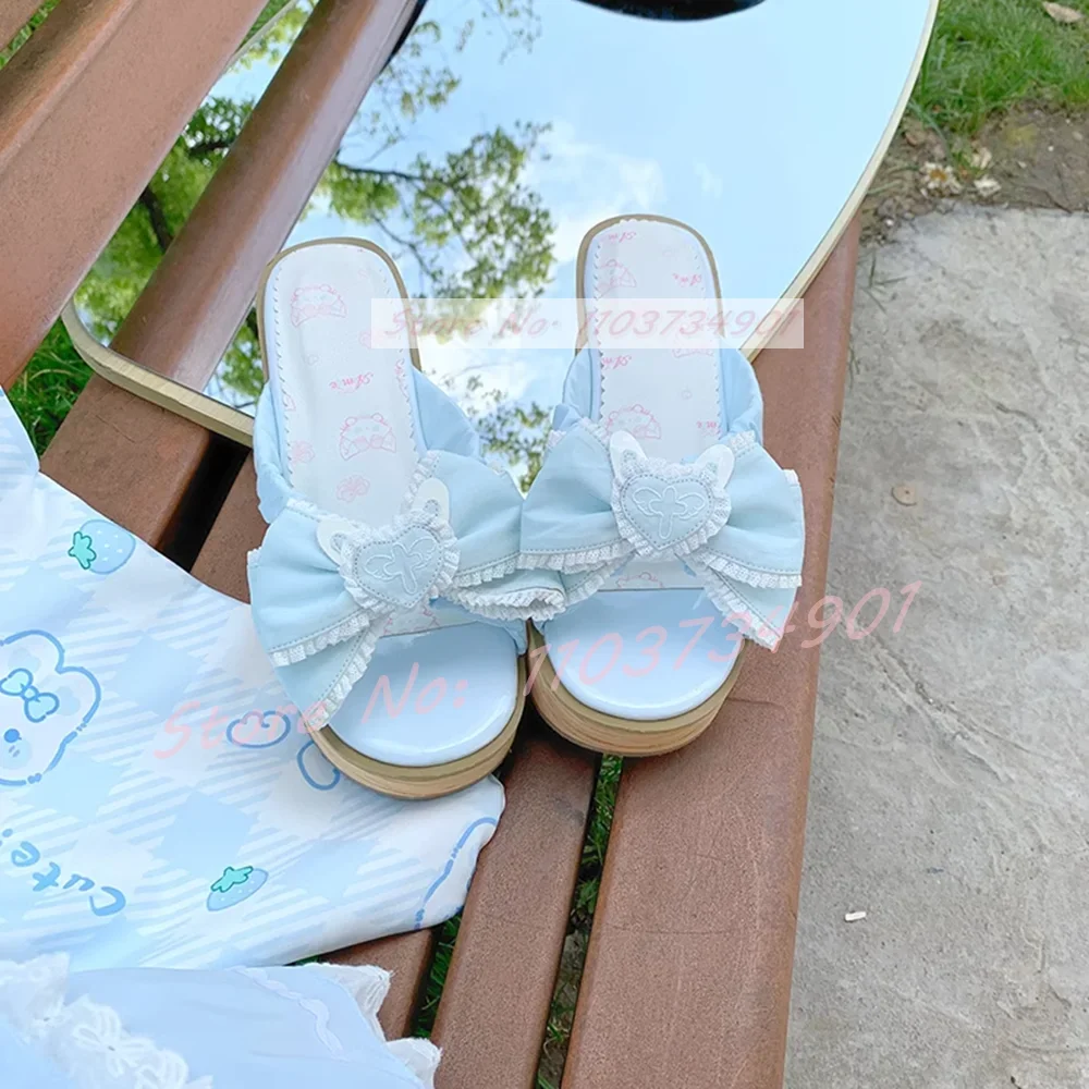 Bowknot Lolita Sweet Heart Slippers Women Lovely Casual Thick Soled Outside Comfy Mid Heels Shoes Trendy EVA Wood Pattern Mules