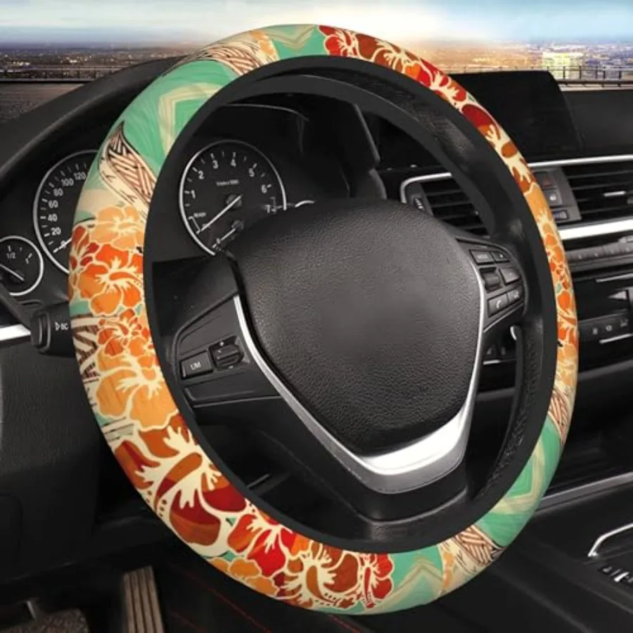 

Hawaiian Island Tropical Car Steering Wheel Cover for Women Men 14-15 Inch Stretch Cloth Anti-Slip Wrap Protector Case Fit Univ