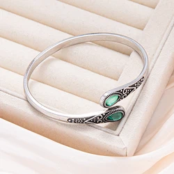 A fashionable retro inlaid imitation green agate water drop men and women adjustable open bracelet, bohemian style summer hundre