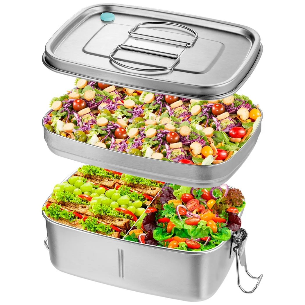 Stainless Steel Lunch Box 2-Tier Large Capacity Bento Box Crack-Resistant Lunch Container With Secure Locks Food Divider Case