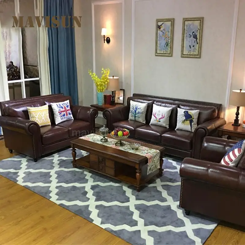 American Classical Rural Style Sofa With Genuine Leather Antique Simple Small Apartment Living Room Three-Seat Sofa Combination