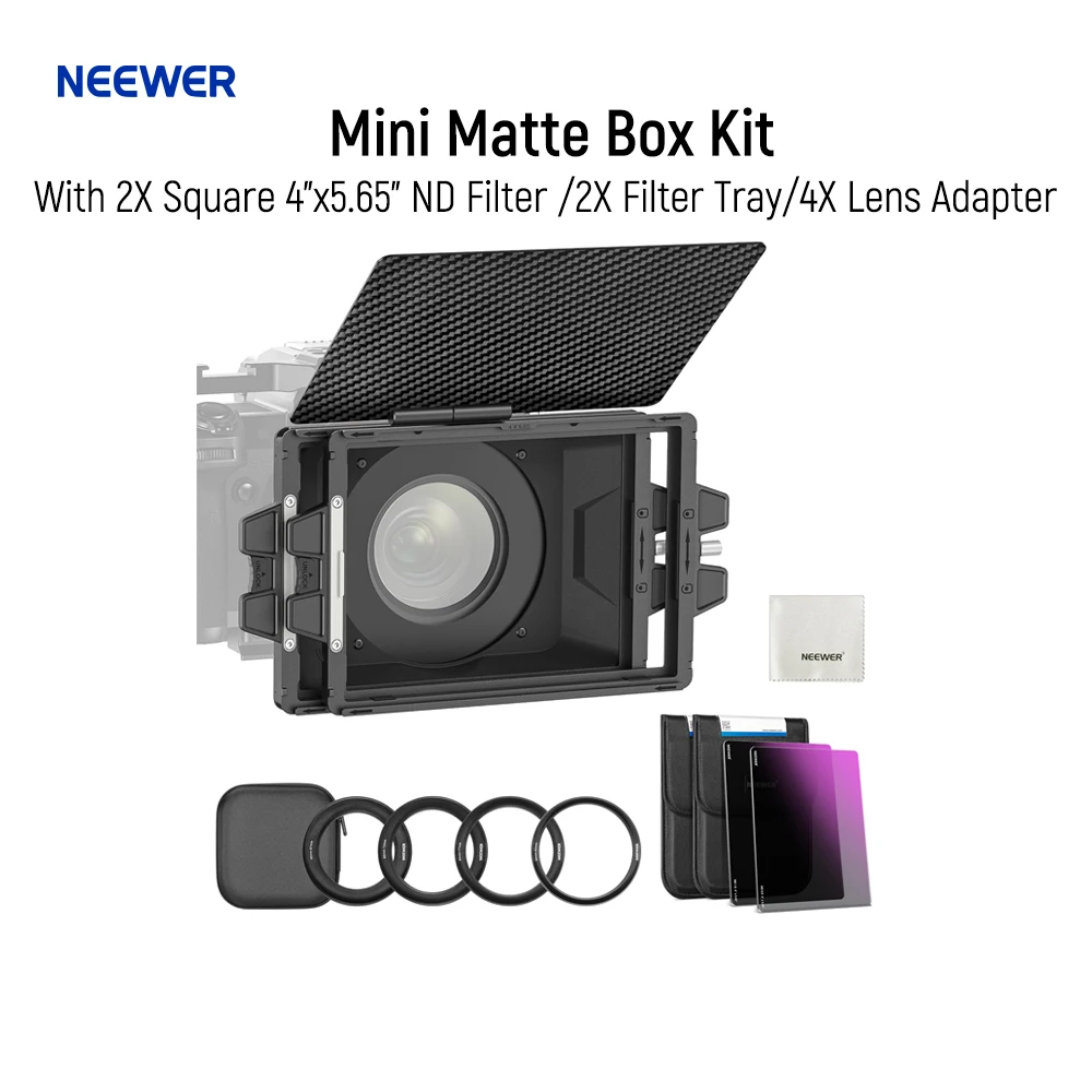 

NEEWER Mini Matte Box Kit with 2X Square 4"x5.65" ND Filter, 2X Filter Tray, 4X Lens Adapter, Carbon Fiber Top Flag