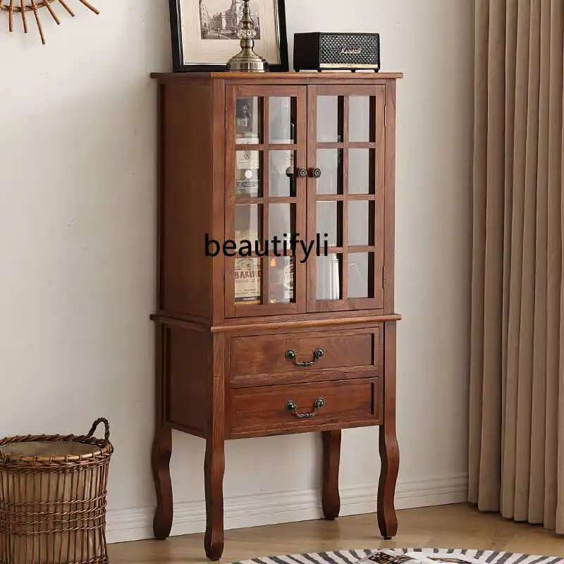 American retro wine cabinet living room storage display cabinet with door against wall solid wood bookcase image 2
