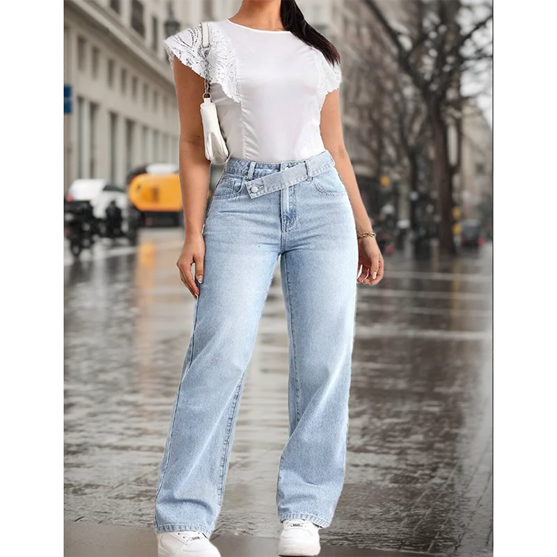 

Hot Sale Classic Lady High Waist Thin Jeans Female Solid Color Overlapping Belt Denim Trousers Girls Ins Fashion Pants