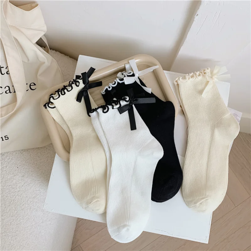 Autumn/winter New Women's Socks Japanese Tie Wood Ear Edge Bow Pull Strip Mid-tube Socks Absorbent Breathable Cotton Socks