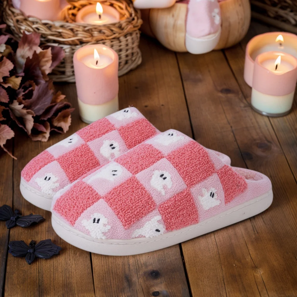 

Halloween Ghost Checkered Plush Slippers Warm Slip-on House Shoes Comfortable Fuzzy Slippers Non-Slip Autumn Winter Flat Shoes