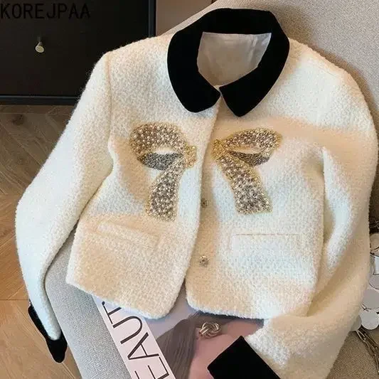 Korejpaa Elegant Beaded Bow Stitched Jackets Autumn Winter Women Clothes French Style Contrast Turn-down Collar Short Coat