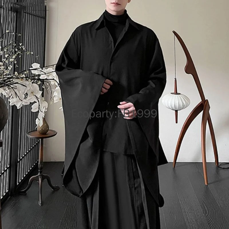 Men Chinese Style Hanfu Shirts Black Lapel Flare Long Sleeve Gothic Blouse Male Vintage Loose Leisure Shirts Harajuku Streetwear