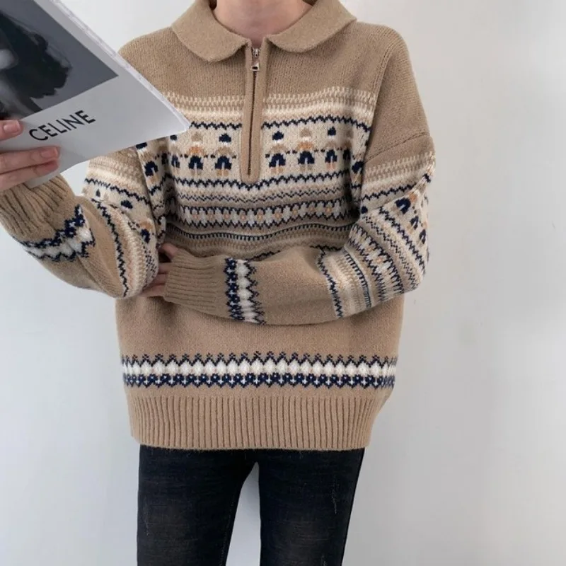 Half Zip Red Sweater Women Soft Sticky Raccoon Velvet Christmas Thick Knit Pullovers Autumn Winter Striped High-end Warm Top