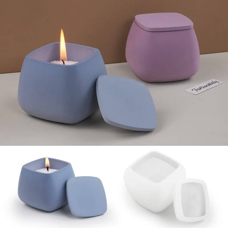 Candle Cup Square with Lid Square Cement Plaster Silicone Mold DIY Candle Holder Ornament Storage Jar Resin Mold Home Decoration