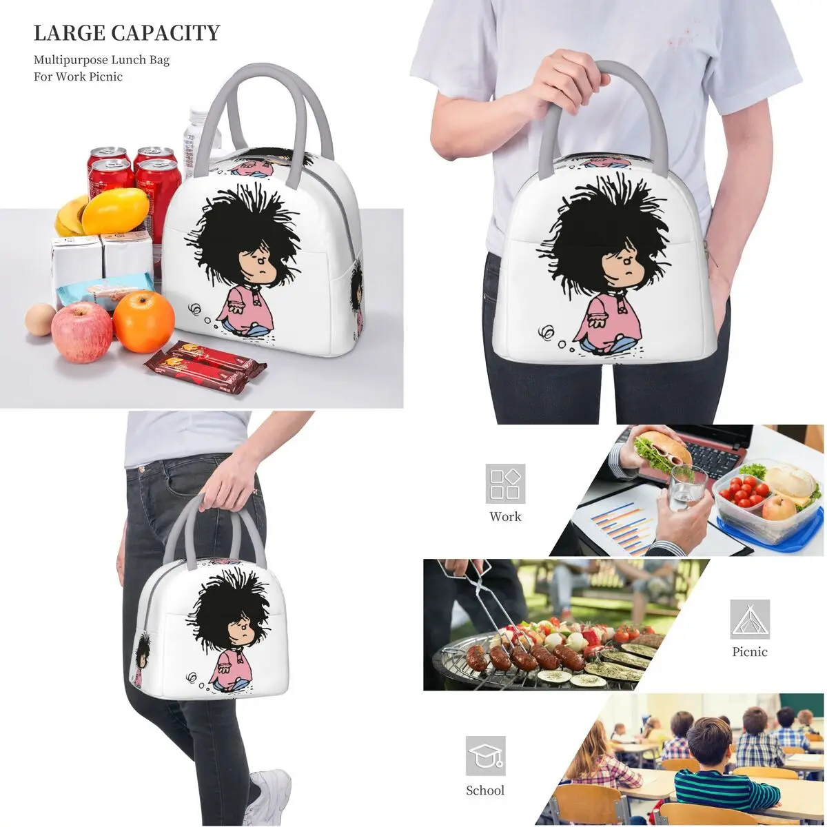 Geïsoleerde Lunchzakjes Slaperig Mafalda Grappige Merchandise Lunch Food Box Y 2K Thermisch Koeler Lunchbox Voor School