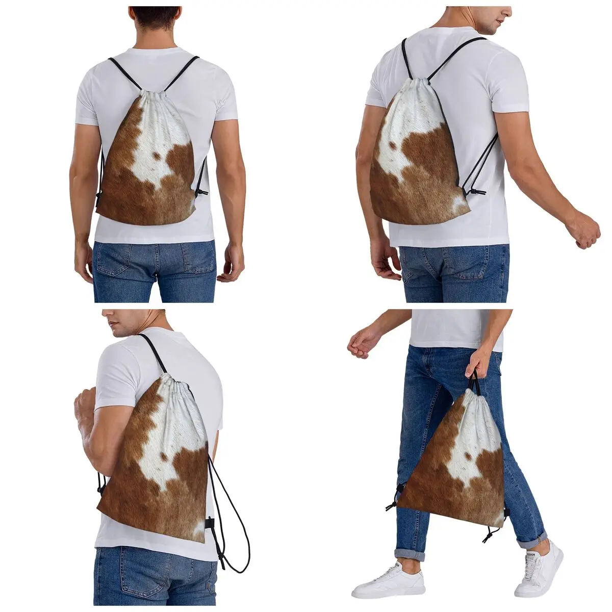 Stylish Cow Fur Cowhide Texture Cow Skin Print Patter Backpacks Multi-function Drawstring Bags Storage Bag Book Bags Students