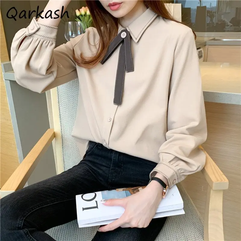 Shirts Women French Style Students College Bow Design Fashion All-match OL Casual Solid Simple Single Breasted Streetwear Tops