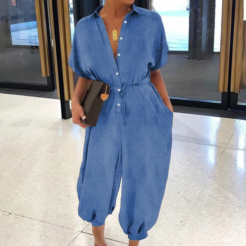 Summer Fashion V-Neck Button Lace-Up Jumpsuit Short Sleeve Loose Playsuit Overalls Women Elegant Pocket Rompers 2025
