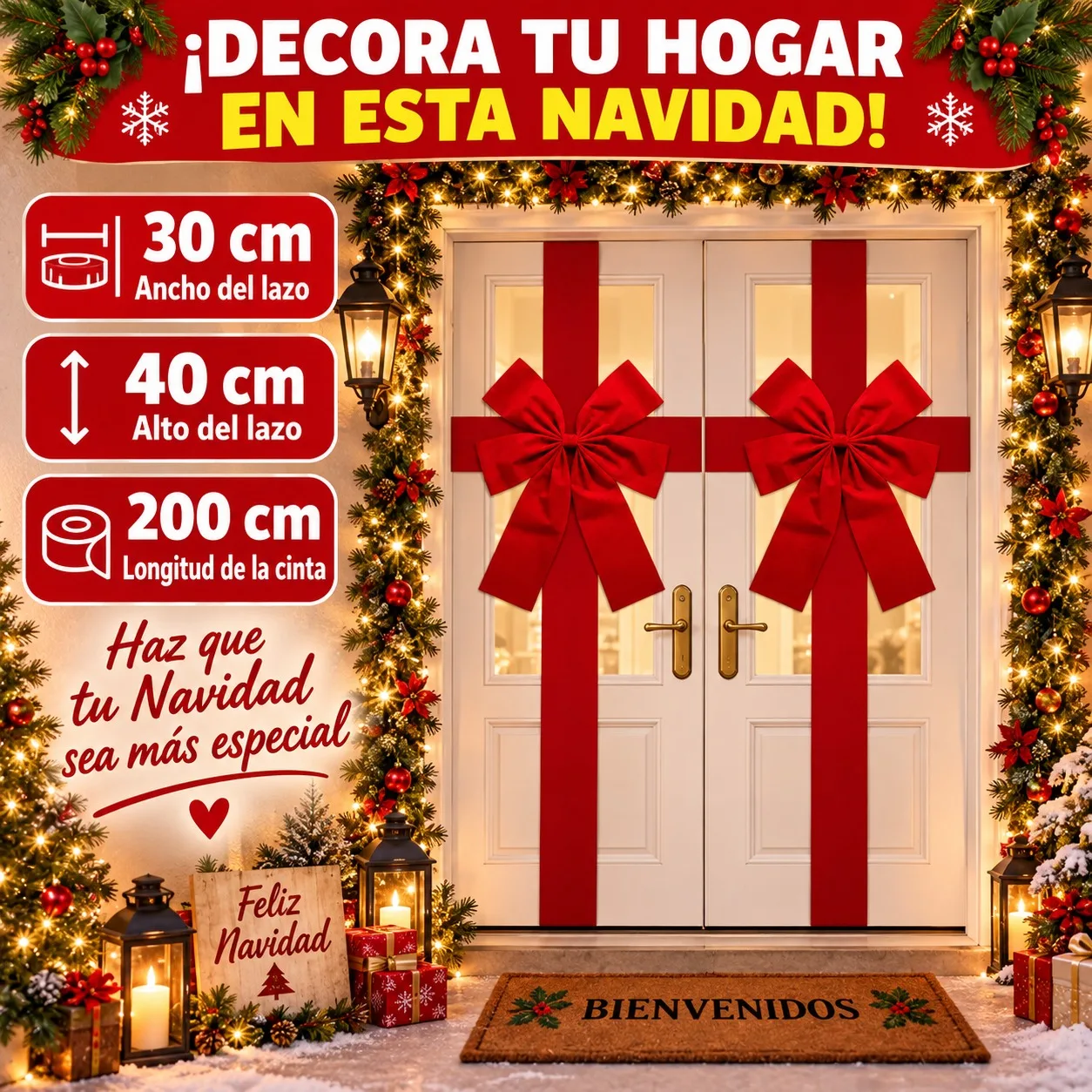 Ogromna świąteczna kokarda na drzwi wejściowe, 30x40 cm, z 200 cm czerwonej wstążki, do użytku na zewnątrz i wewnątrz, elegancka dekoracja świąteczna z tkaniny, idealna na imprezy domowe i do