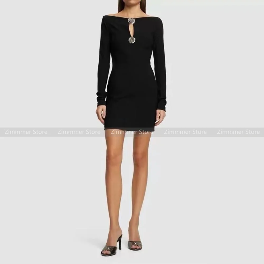 

Hot girl sexy one shoulder rose brooch hollow slim hip long sleeve black mini dress