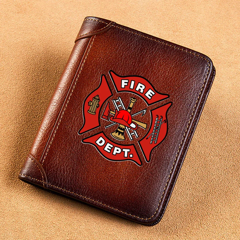 High Quality Genuine Leather Wallet Firefighter Fire Control Symbol Printing Standard Purse BK097