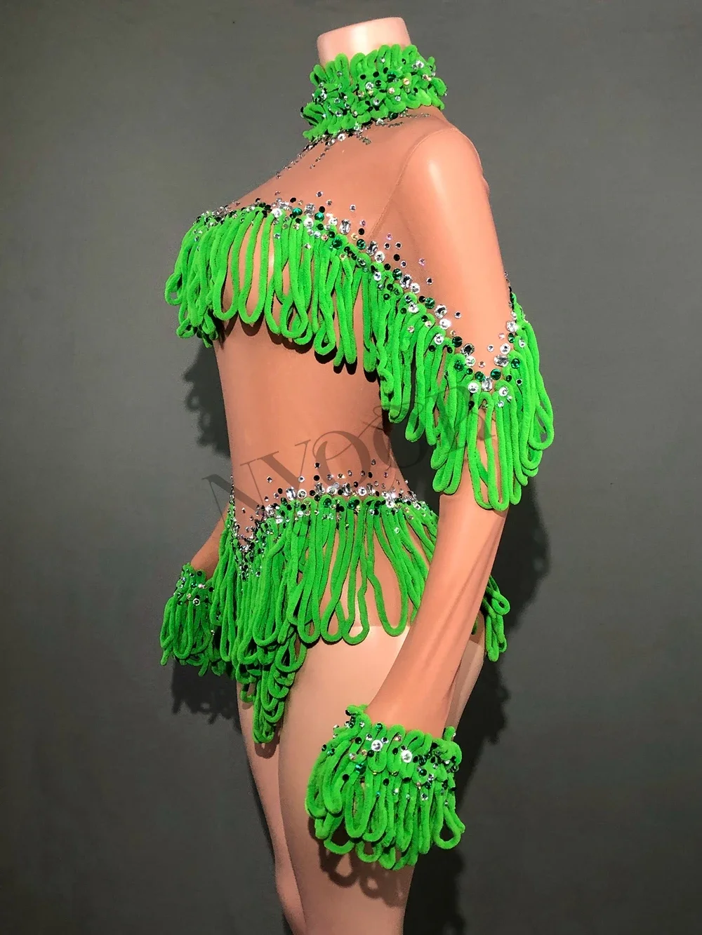 Body feminino com borlas brilhantes e mangas compridas, malha sexy transparente para performance de dança, roupa de palco para festa