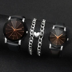 4PCS/Set Couple's Watches Fashion Rhinestone Men Women Leather Band Quartz Watch Magnet Heart Bracelets Set