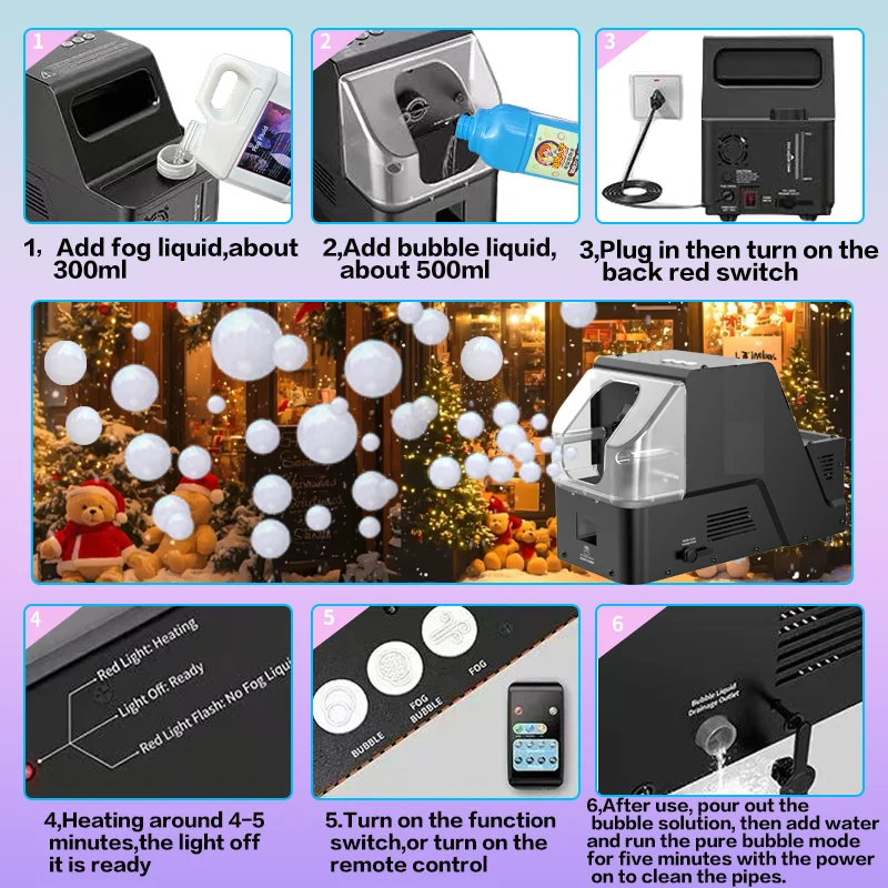 무선 리모컨이 있는 안개 거품 기계, 결혼식 무대 파티 생일 선물 장난감을 위한 안개 거품, 거품, 안개 만들기