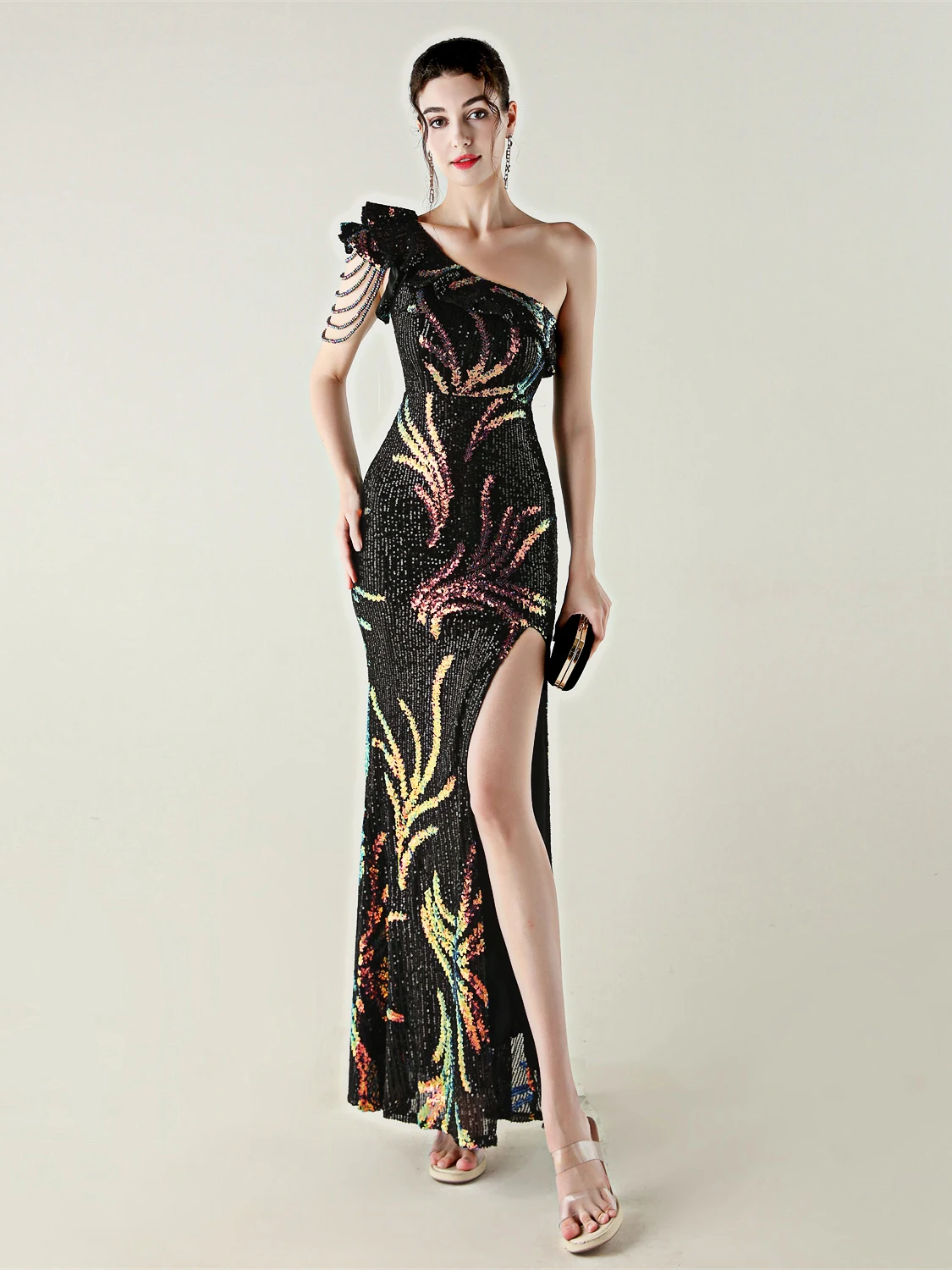 

Elegant Long Evening Gown Women's Single Shoulder Design Hepburn Style Sexy Zipper mid Waist Embroidered Diamond Cotton Polye...