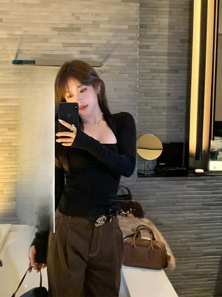 

Swan Ne Ra Laisel Wool Women's Tee High Elastici Base irt Autumn Winter New Sle Casual Fit Long Sve Square Collar