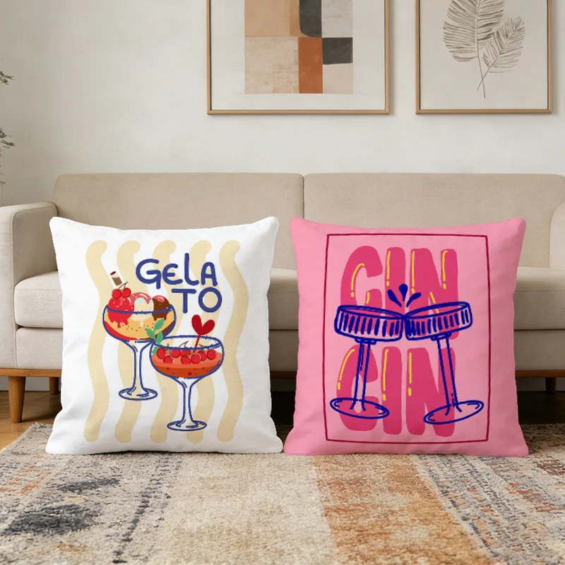 Modern Casual Style Double Sided Cushion Cover with Hand Drawn Beverage Theme Design for Interior Home Sofa Decor