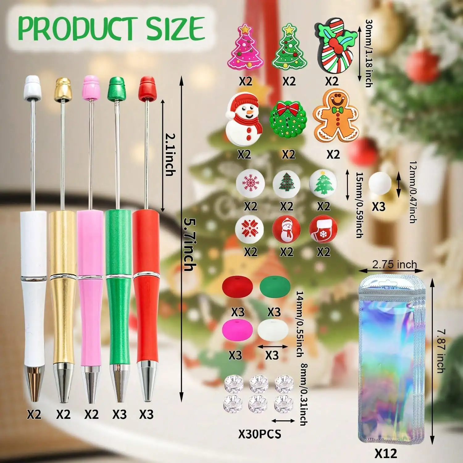 93 Pieces Christmas Ballpoint Pen Set, Including 12 Pens, 12 Christmas Themed Beads, 15 Round Beads, 12 Abacus Beads, 30 Spacer Beads, And 12 Pen Bags, As DIY School Office Party Gifts