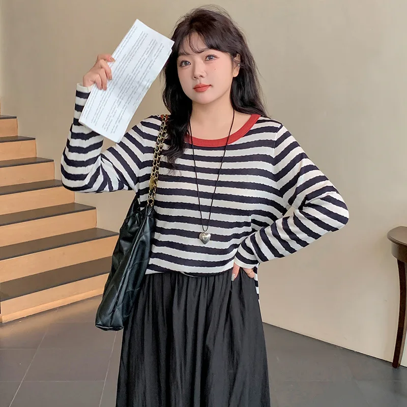 

Женская трикотажная кофта больших размеров с круглым вырезом, приталенная, в полоску, с длинным рукавом, весенняя верхняя одежда, базовый слой, серия Sweet Sle