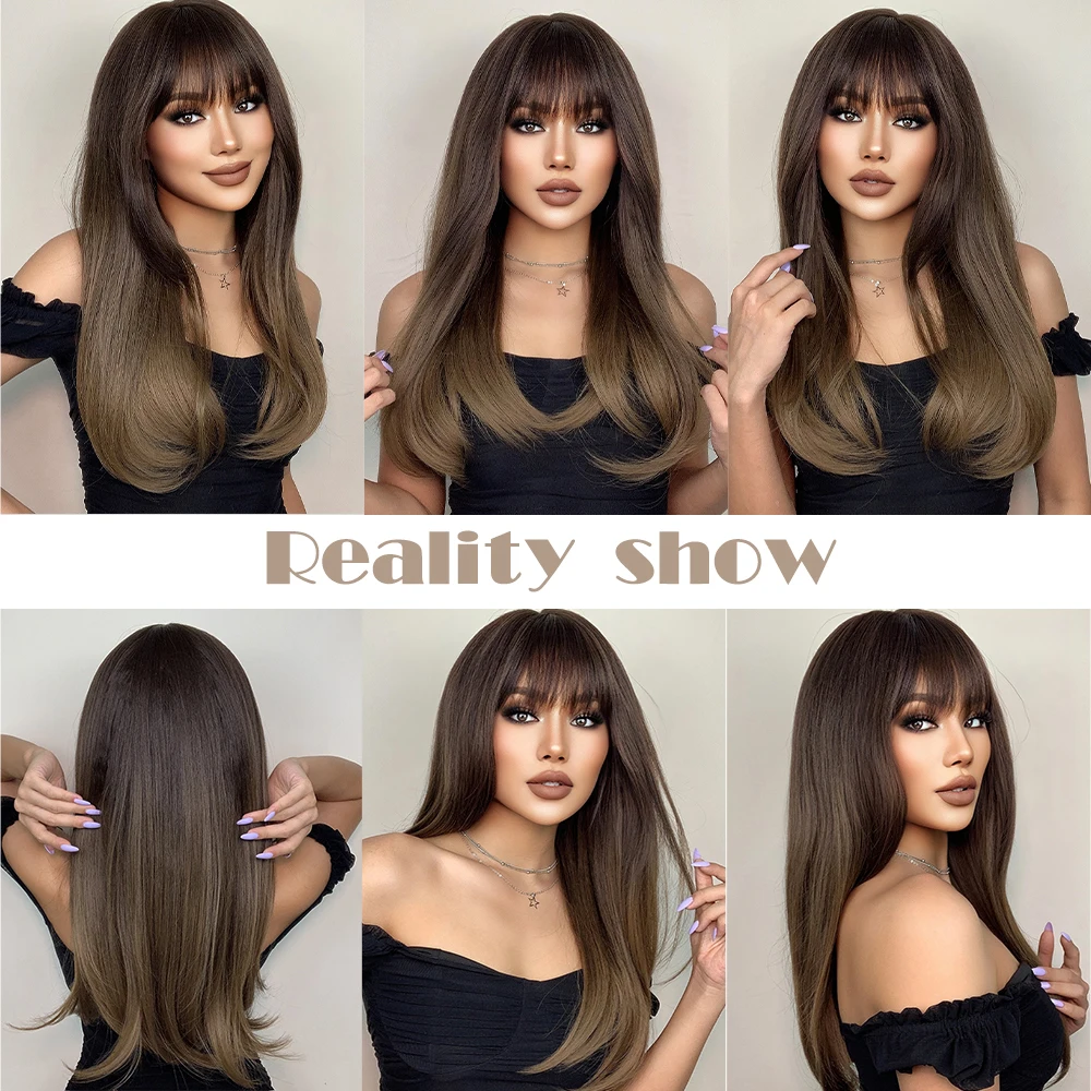 HENRY MARGU Long Staight Synthetic Wigs Dark Black Brown Ombre Hair With Bangs For Black Women Daily Cosplay Heat Resistant Wigs