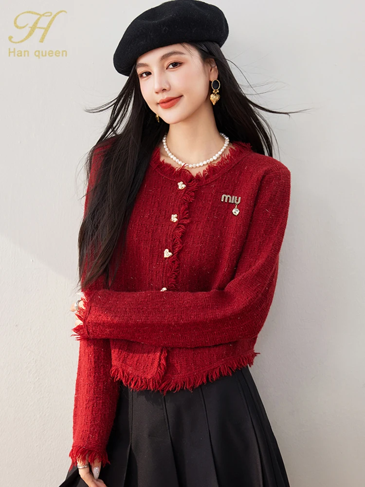 H Han Queen Autumn Winter Tassel Christmas Sweater Women Casual Basic Long Sleeve Knitwear Vintage Cardigans Top Female Clothing