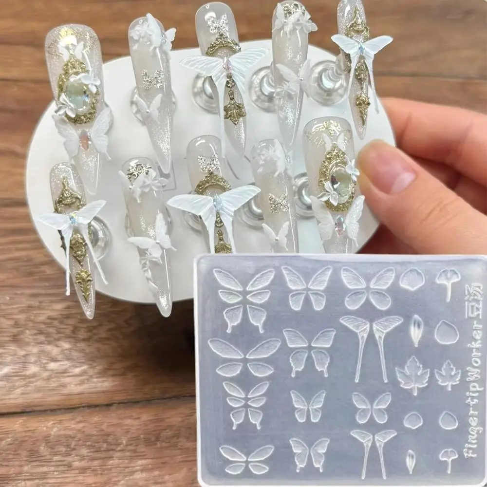 1개 3D 우아한 나비 실리콘 네일 아트 몰드 단풍잎 나비 투명 스텐실 DIY 네일 장식 매니큐어 템플릿