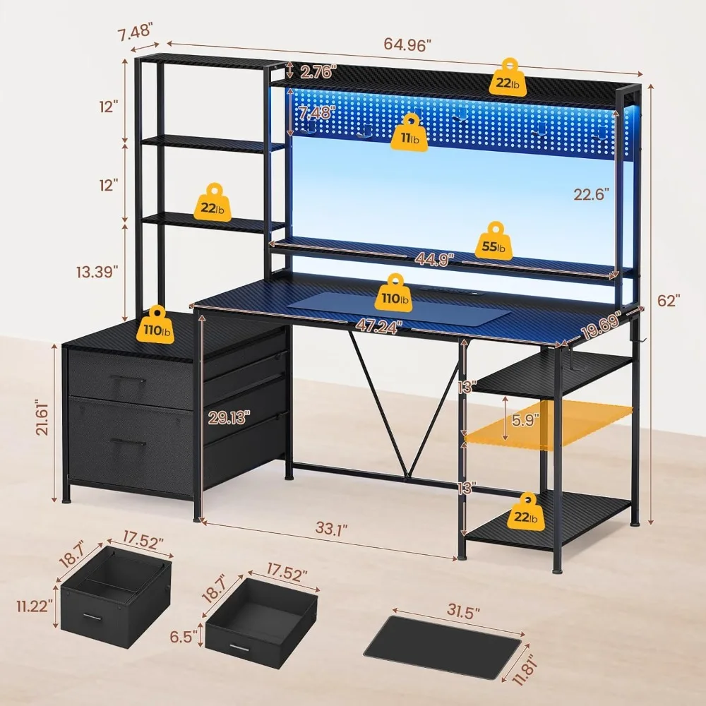 Gaming Desk with Hutch, 65in Reversible Computer Desk with Power Outlets LED Light, Home Office Desk with Monitor Stand 2 Drawer