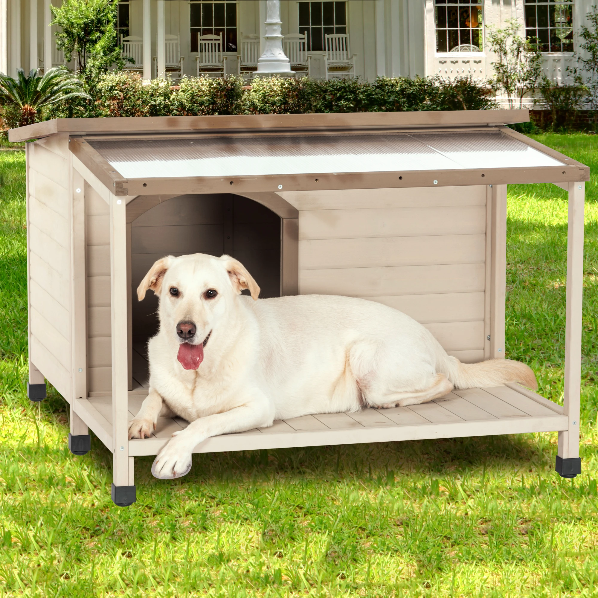 Outdoor fir wood dog house with an open roof ideal for medium to large dogs. Dog house with large terrace with clear roof.Weathe