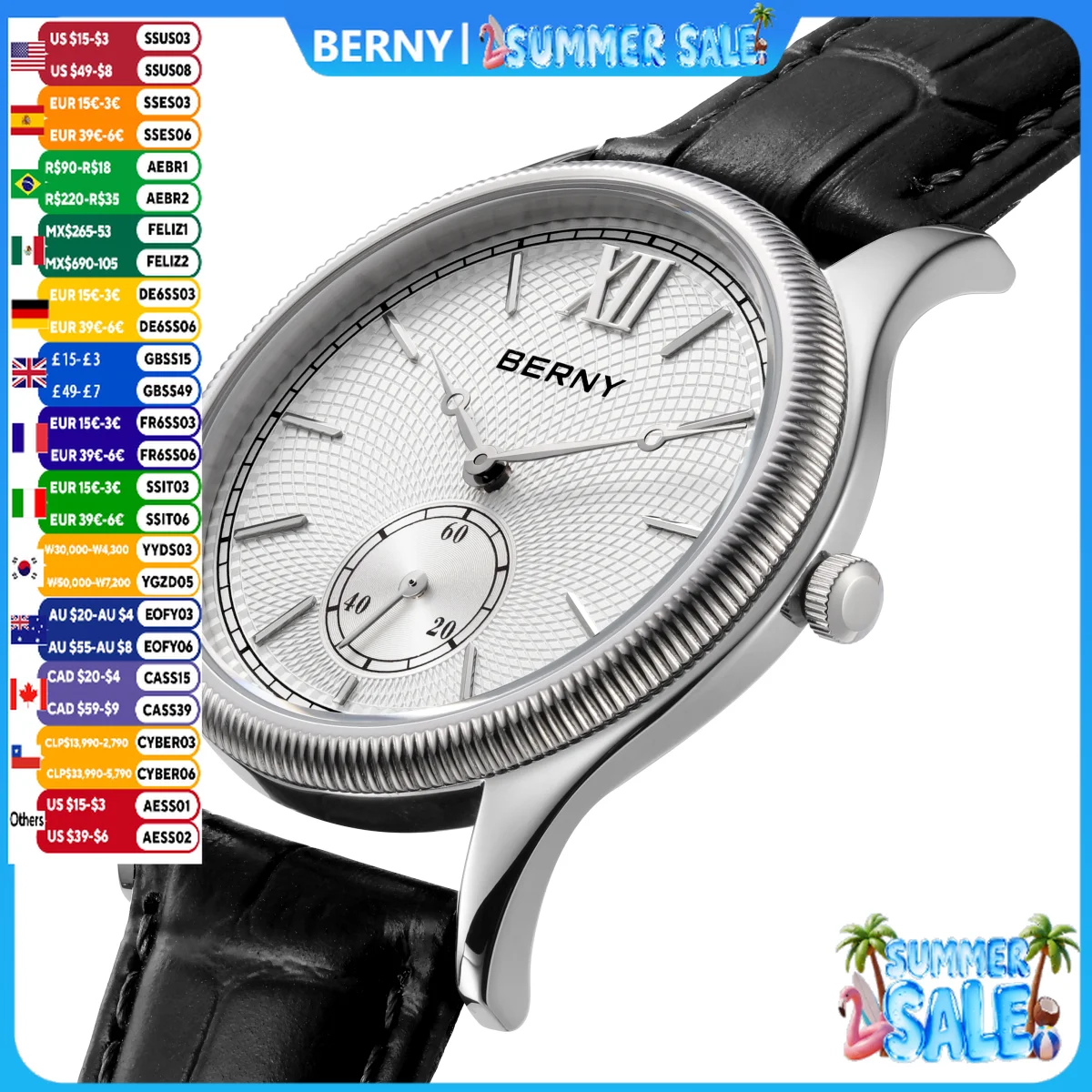 

BERNY Men's Watches Luxury Classic Stylish Dress Quartz Watch Slim Stainless Steel Case Elegance Leather Strap Wristwatch