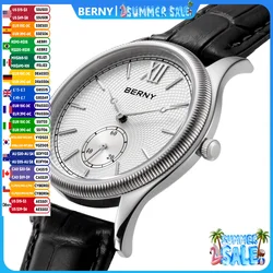 BERNY Men's Watches Luxury Classic Stylish Dress Quartz Watch Slim Stainless Steel Case Elegance Leather Strap Wristwatch