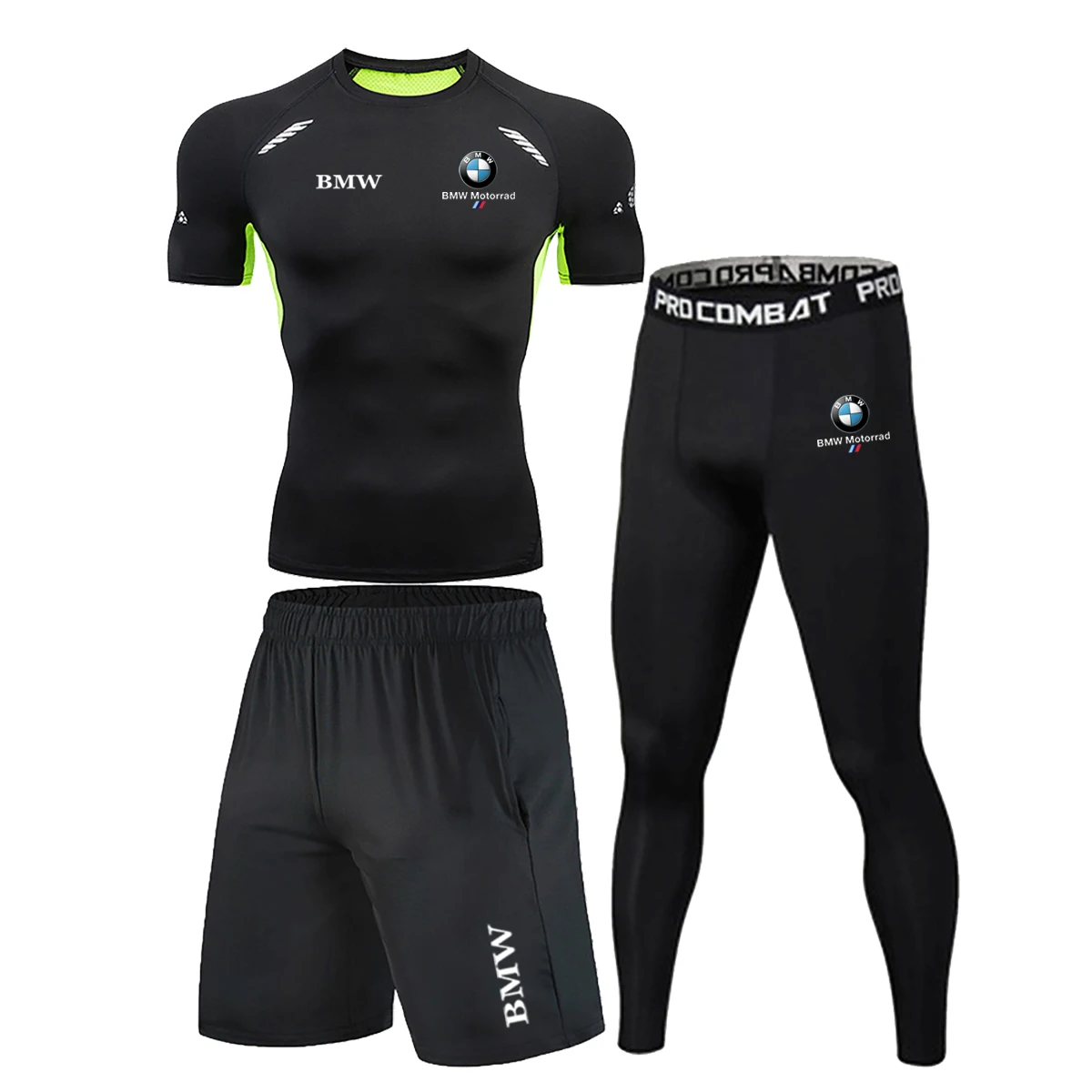 Nieuwe Heren Gym Compressie Y2KT T-shirt Lange Broek Shorts 3-delig Ademend Sneldrogend Oefening Fitness Set BMW Logo