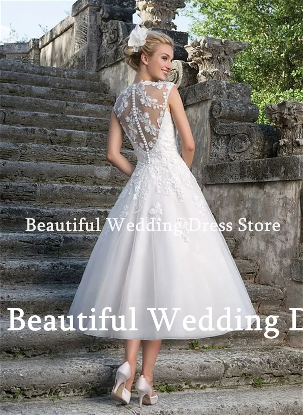 Vestidos de novia Summer Women abito da sposa Appliques di pizzo a-line abito da festa nuziale lunghezza del tè abito da sposa abito da ritorno a casa