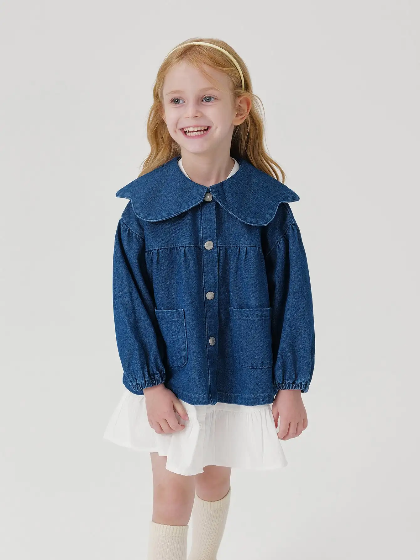 MARC & JANIE Girls Peter Pan Collar Denim Jackets Snap Button Long Puff Sleeve Jeans Tunic Loose Soft Tops 241025