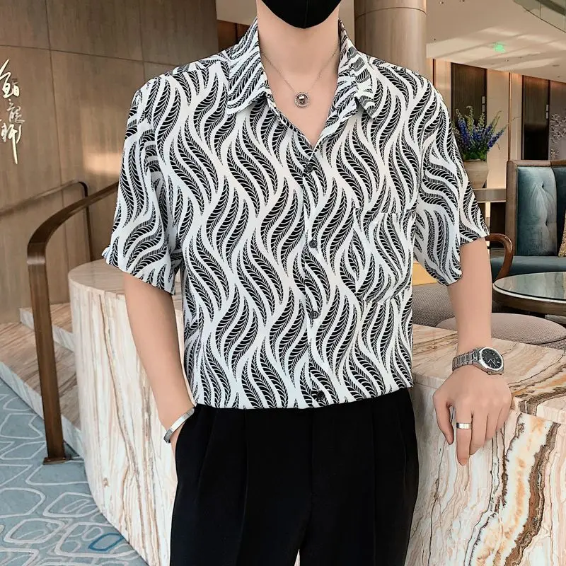

High-end Ice Silk Chiffon Leaves Short-sleeved Shirt Men's Retro Top