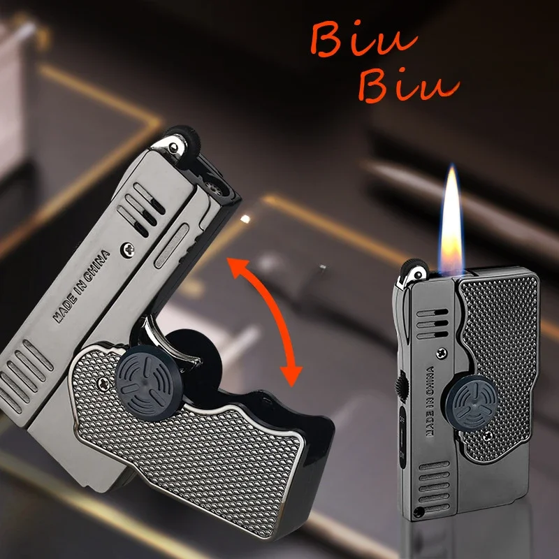 

Windproof Gyroscope Variant Dual Flame Lighter Metal Fashionable Folding Gun Dual-use Inflatable Lighter Trendy Men's Gift