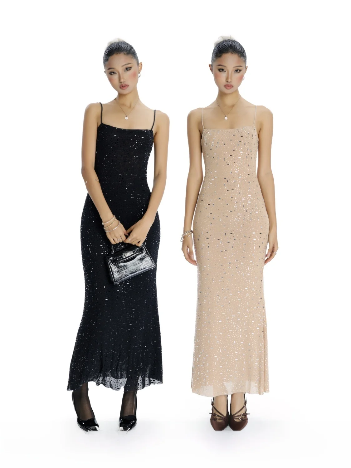 

Audwyn Luxury Glitter Belted Strap Dress Women's Slim Fit Bodycon Dress Sparkling Diamond Embellished Casual Long Skirt
