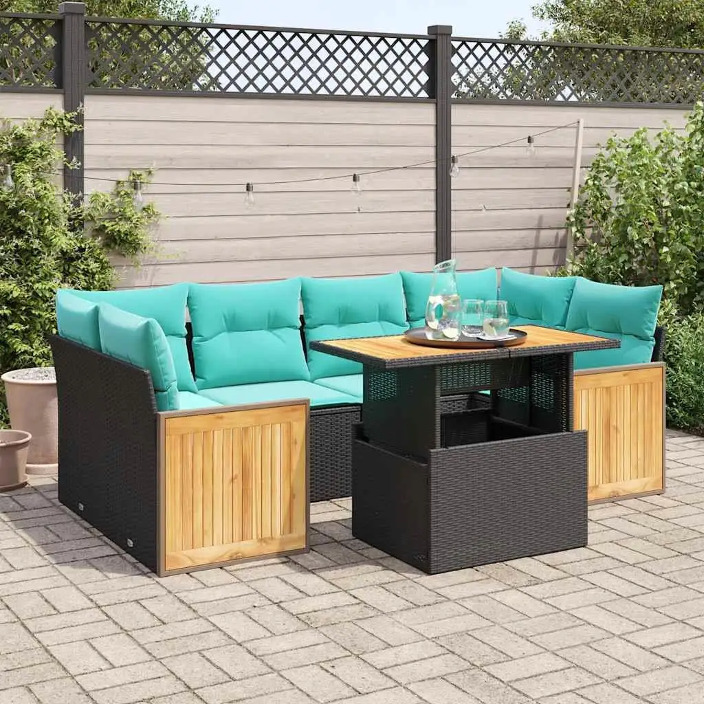 

Comfortable 7 Piece Outdoor Patio Sofa Set with Cushions Black Rattan and Acacia Wood Ideal for Garden Balcony or Backyard