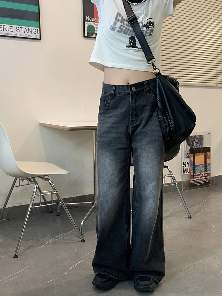 

Oiiokk American Retro ey Bla Faded Широкие прямые джинсы с высокой талией длиной до пола Женские джинсы износостойкие