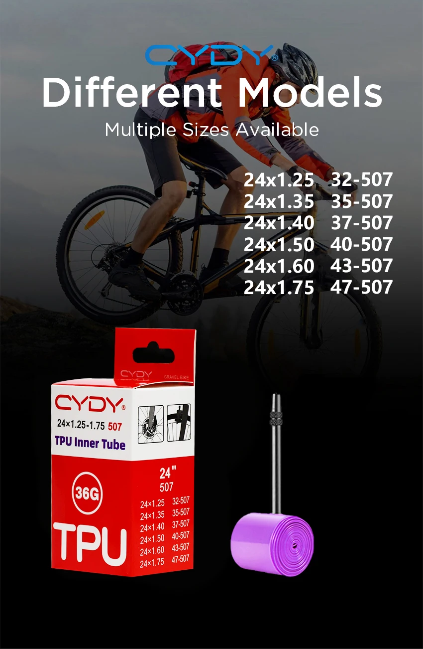 CYDY Fahrrad-TPU-Schlauch 24 Zoll 507 24x1.25 1.35 1.4 1.5 1.6 1.75 Zoll Ventil 45mm Reifenkamera BMX GRAVEL Bike Reifen Pneu 36G – Detail 3