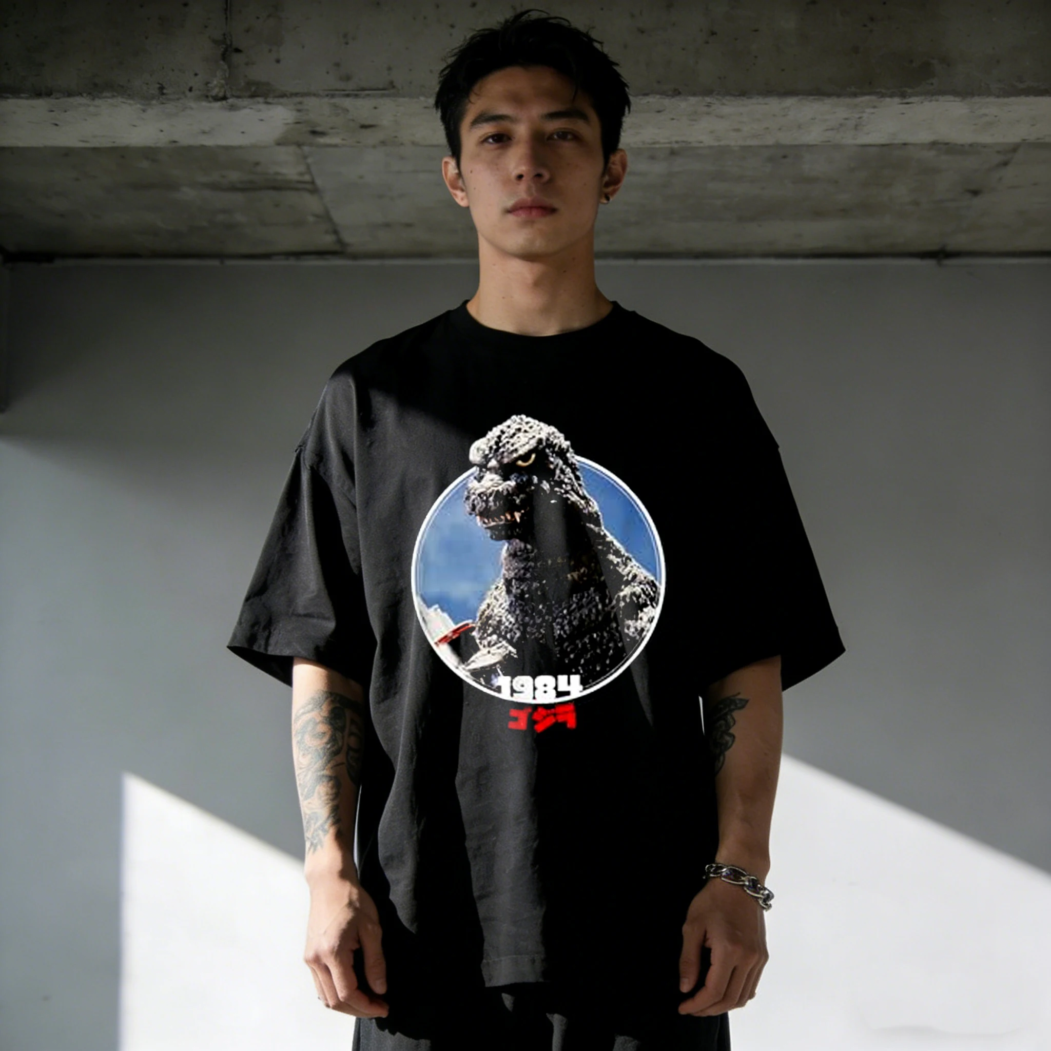 

Футболка с короткими рукавами из хлопка с винтажным принтом JP Movie Godzilla, мужская, женская, детская, семейная одежда, летние повседневные футболки с короткими рукавами