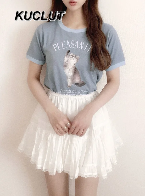 

Women's Tees Summer New 2025 Japanese Style Short T-shirt Sweet Cat Pattern Letter Embroidery Contrasting Color Round Neck Top