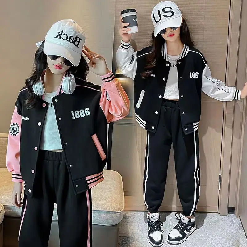 

Teenage Girls Clothing Sets Kids Baseball Uniform Jacket Coats + Pants 2Pcs Spring Junior Girl Loungewear Suit Student Jk Outfit